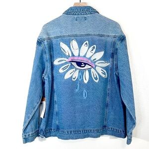Artistic Blue Denim Jacket with Eye Motif
